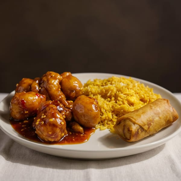 Sweet and sour chicken with yellow rice and an egg roll on a white plate.