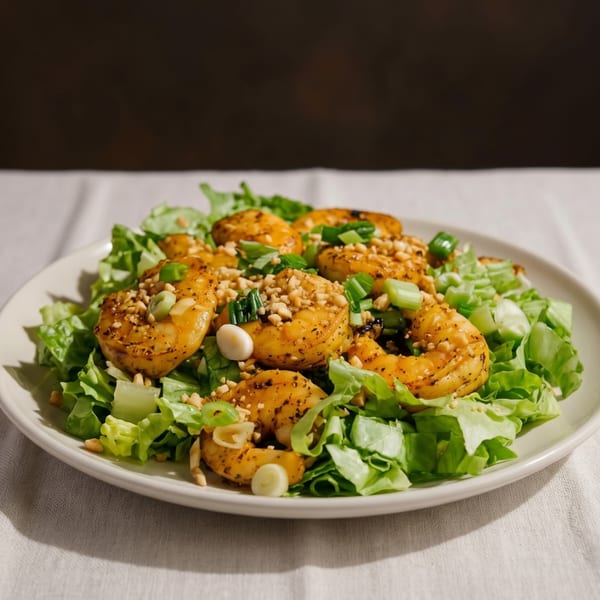 Shrimp salad with lettuce, chopped peanuts, and green onions on a white plate.